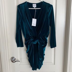 Misa Ophelie velvet knot mini dress teal small new